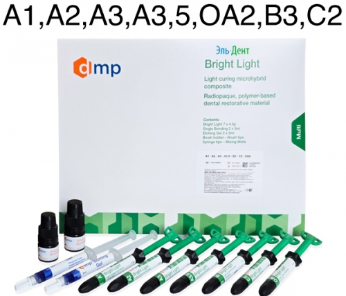 Bright Light �����: 7 ������ �4,5�. (�1,�2,�3,�3,5,OA2,�3,�2), Etching gel 3��., Single bonding 3��., ��������������, DMP